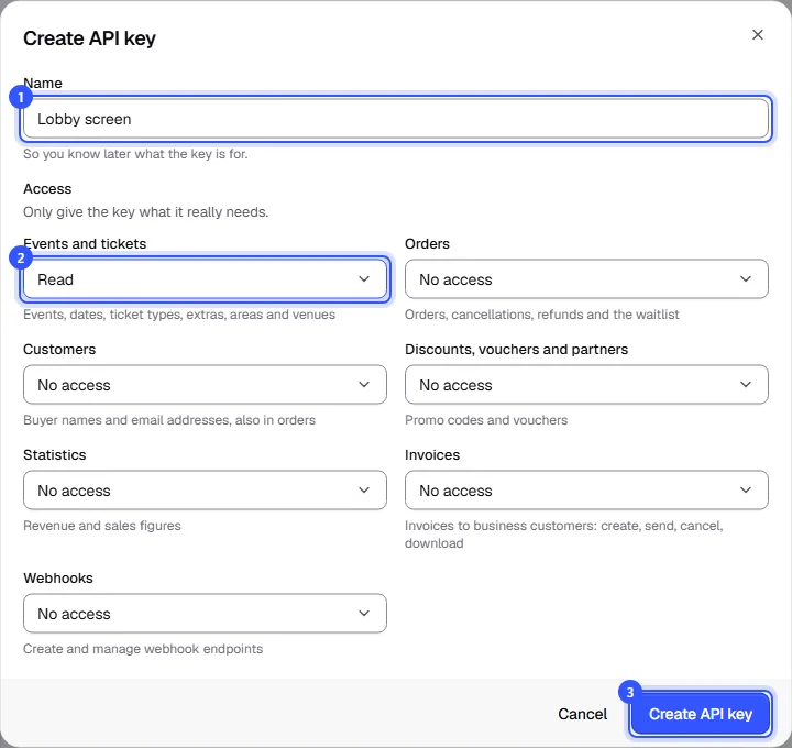 Create API key dialog with the name Lobby screen and read access to events and tickets
