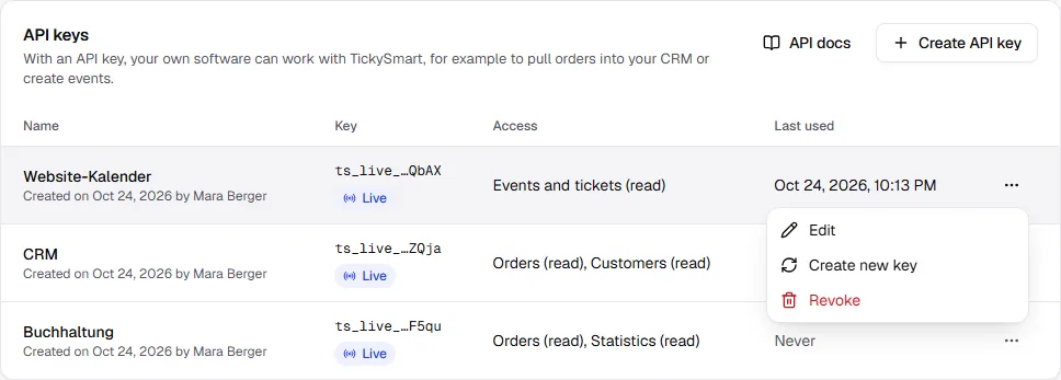Open menu of an API key with Edit, Create new key and Revoke