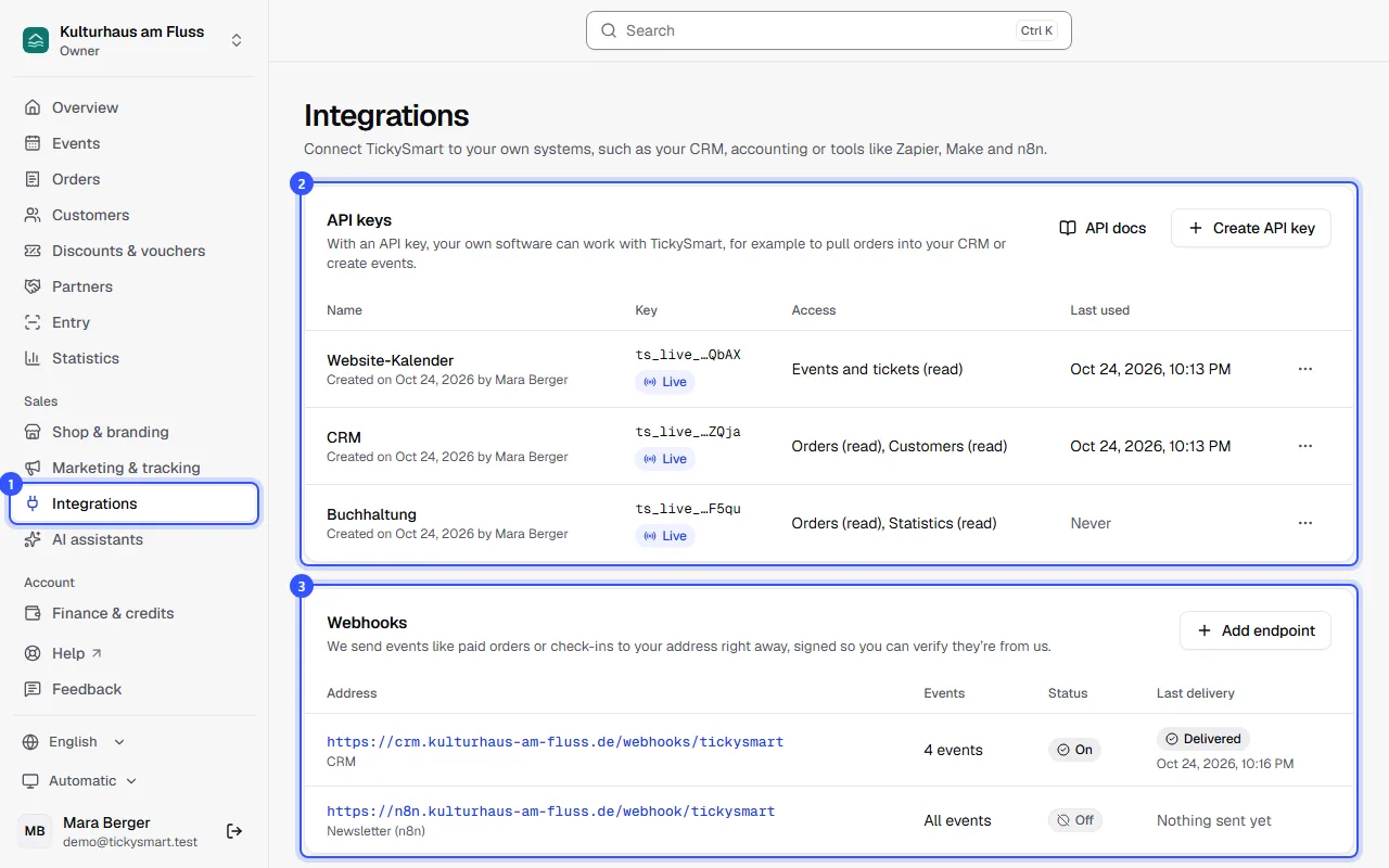 Integrations page with the menu item in the sidebar, the API keys card with three keys and the Webhooks card with two endpoints