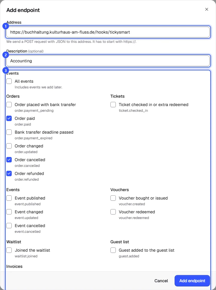 Add endpoint dialog with an address, the description Accounting and the events Order paid, cancelled and refunded