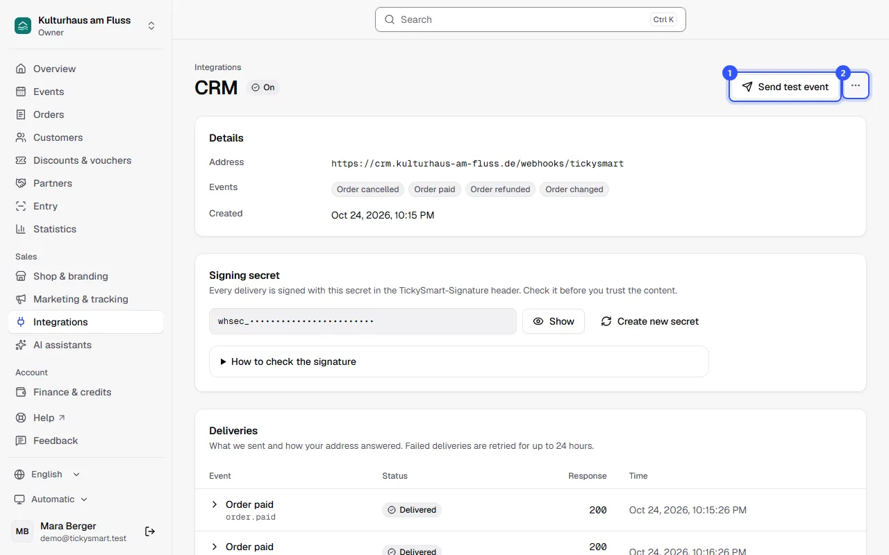 Page of the CRM endpoint with the status On, the Send test event and More actions buttons, details, signing secret and deliveries