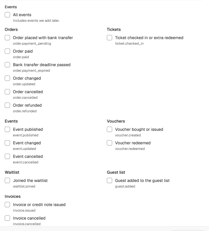Event selection grouped by area: orders, tickets, events, vouchers, waitlist and guest list, each with its type