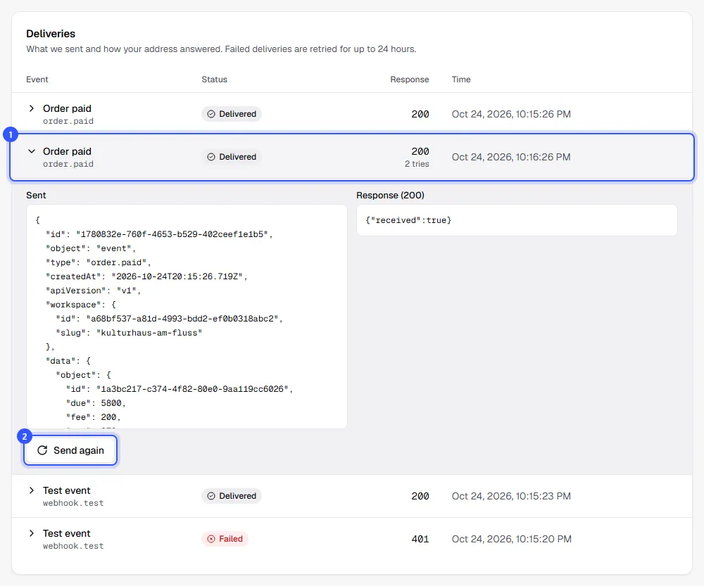 Delivery log with two paid orders and two test events; one row is expanded and shows the content sent, the response and the Send again button