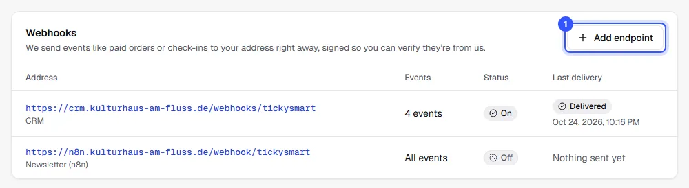 Webhooks card with two endpoints, their events, status and last delivery