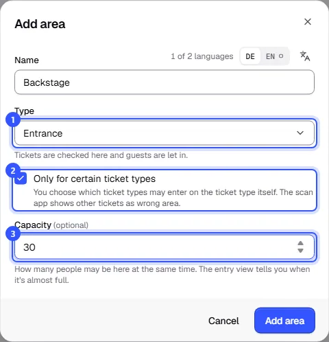 Add area dialog with the name Backstage, type Entry, Only certain ticket types ticked and a capacity of 30