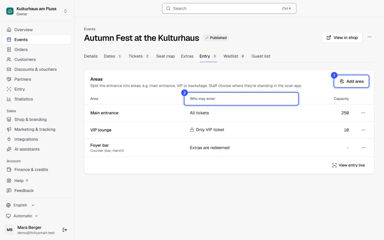 Entry tab of the Autumn Fest with the areas Main entrance for all tickets, VIP lounge only for the VIP ticket and Foyer bar as a counter