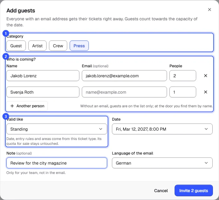 Add guests dialog with the category Press, two people, the ticket type Standing, the date and a note