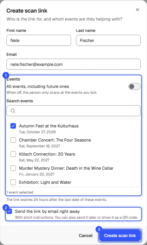 Create scan link dialog with first name Nele, last name Fischer, her email address, the Autumn Fest at the Kulturhaus ticked and Send the link by email right away checked