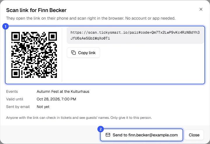 Scan link for Finn Becker dialog with QR code, Copy link, the details for Events, Valid until and Sent by email, and the Send to finn.becker@example.com button