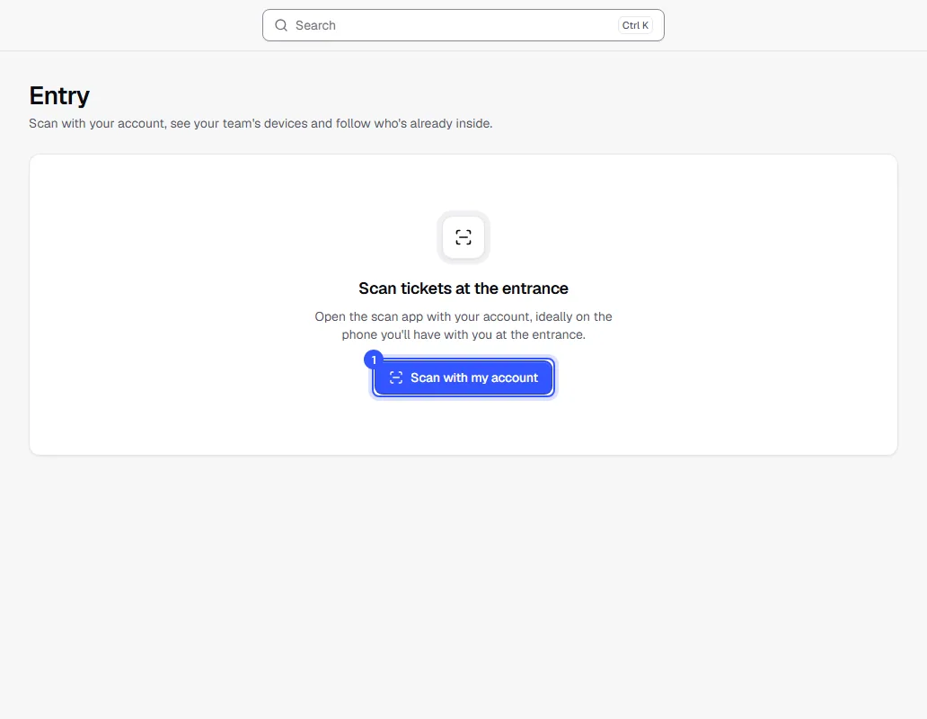 Entry page as a ticket checker sees it: only the note Scan tickets at the entrance with the Scan with my account button