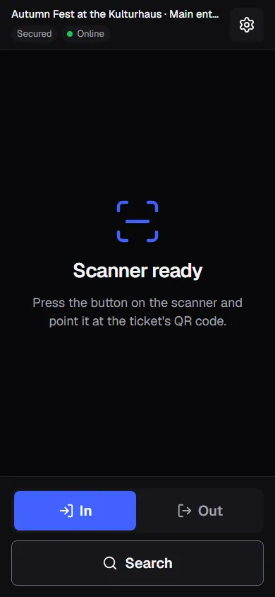 Scan app in handheld scanner mode: Ready to scan, with In, Out and Search below