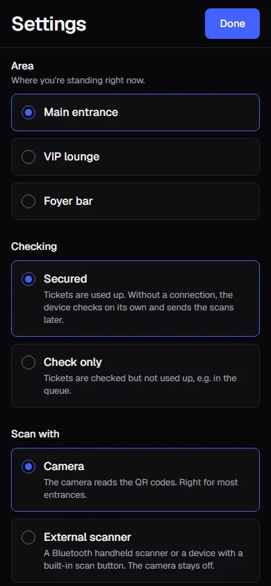 Scan app settings with the area Main entrance, checking Secured or Check only, scanning with Camera or handheld scanner, and Sound when scanning