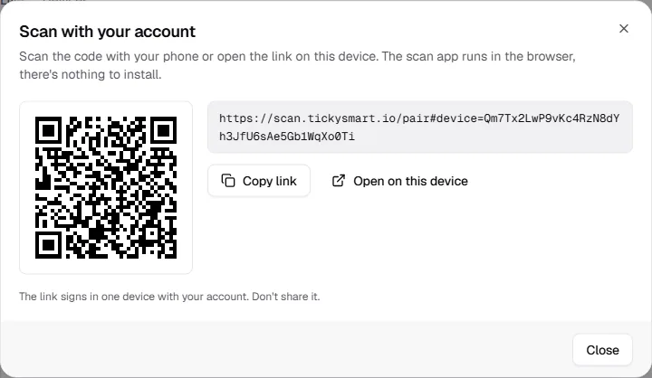 Scan with your account dialog with QR code, link, Copy link and Open on this device
