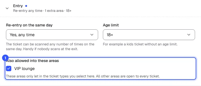 Entry section in the VIP ticket dialog with VIP lounge ticked under Also allowed into these areas
