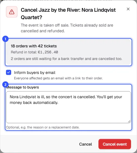 Cancel event dialog with the number of affected orders and tickets, the refund amount and a message to buyers