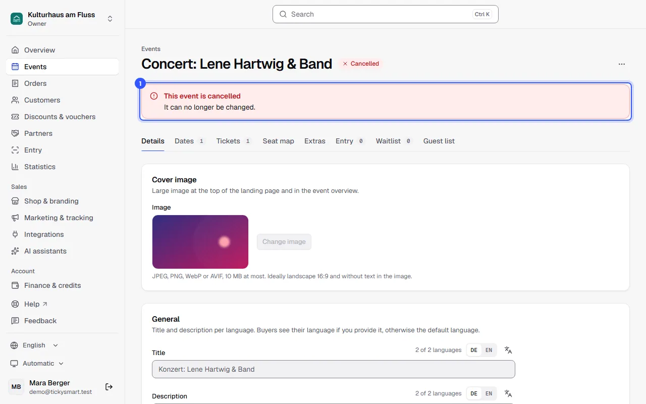 Cancelled concert in the dashboard with the status Cancelled and the note This event is cancelled, it can no longer be changed