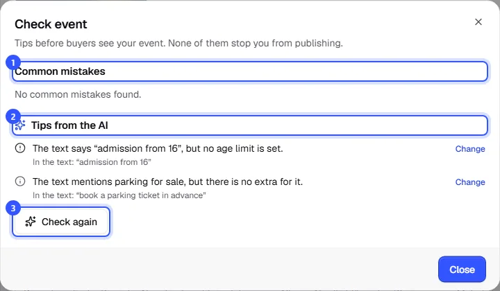 Check event dialog with common mistakes at the top and two tips from the AI below, each with a quote from the text and the Change link