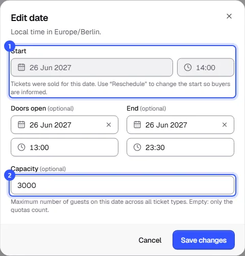 Edit date dialog with a locked start and a note about rescheduling, and doors, end and capacity below