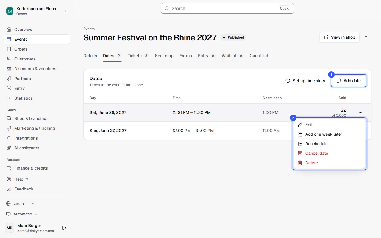 Dates section of a festival with two days, times, doors and tickets sold, and the open menu with Edit, Add one week later, Reschedule, Cancel date and Delete