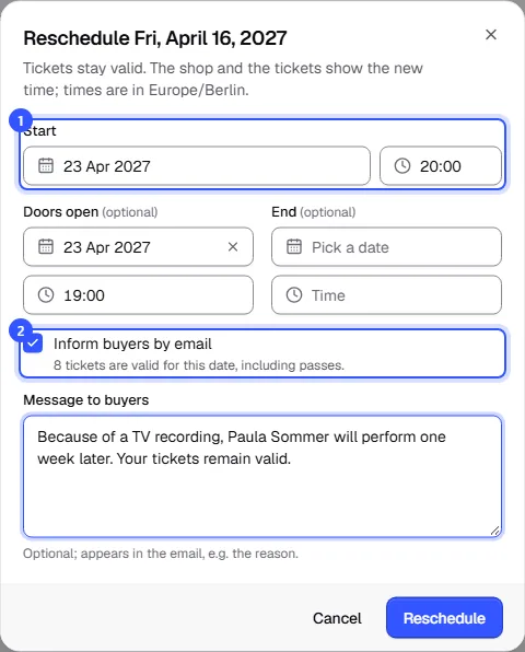 Reschedule dialog with a new start on 23 April 2027, the email to buyers switched on and a message giving the reason