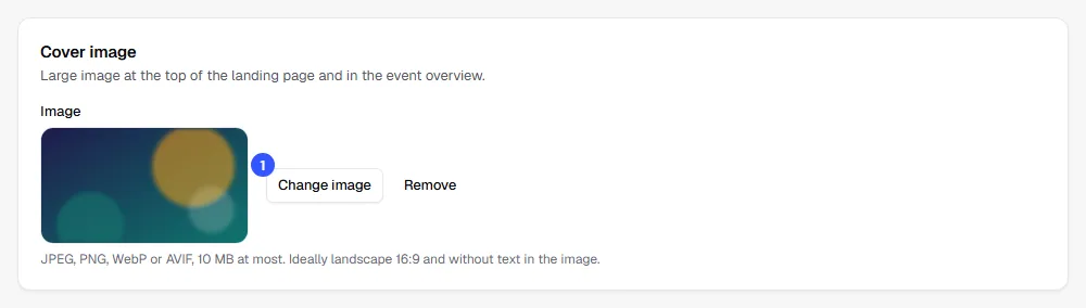 Cover image section with a preview and the Change image and Remove buttons
