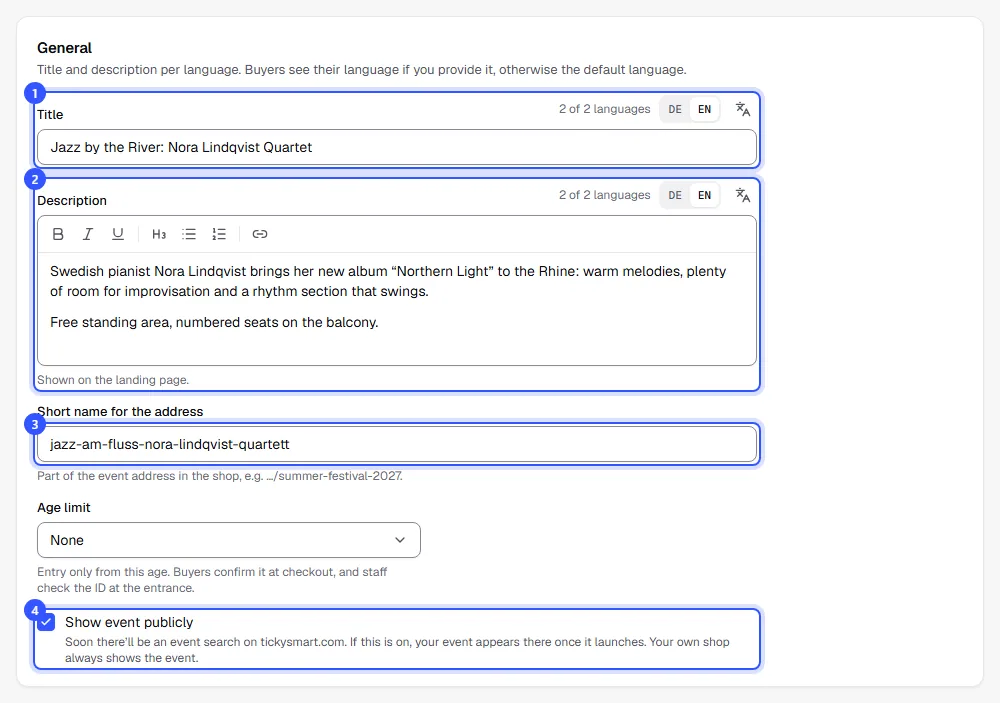 General section with title and description and their language codes, short name for the address, age limit and the Show event publicly checkbox