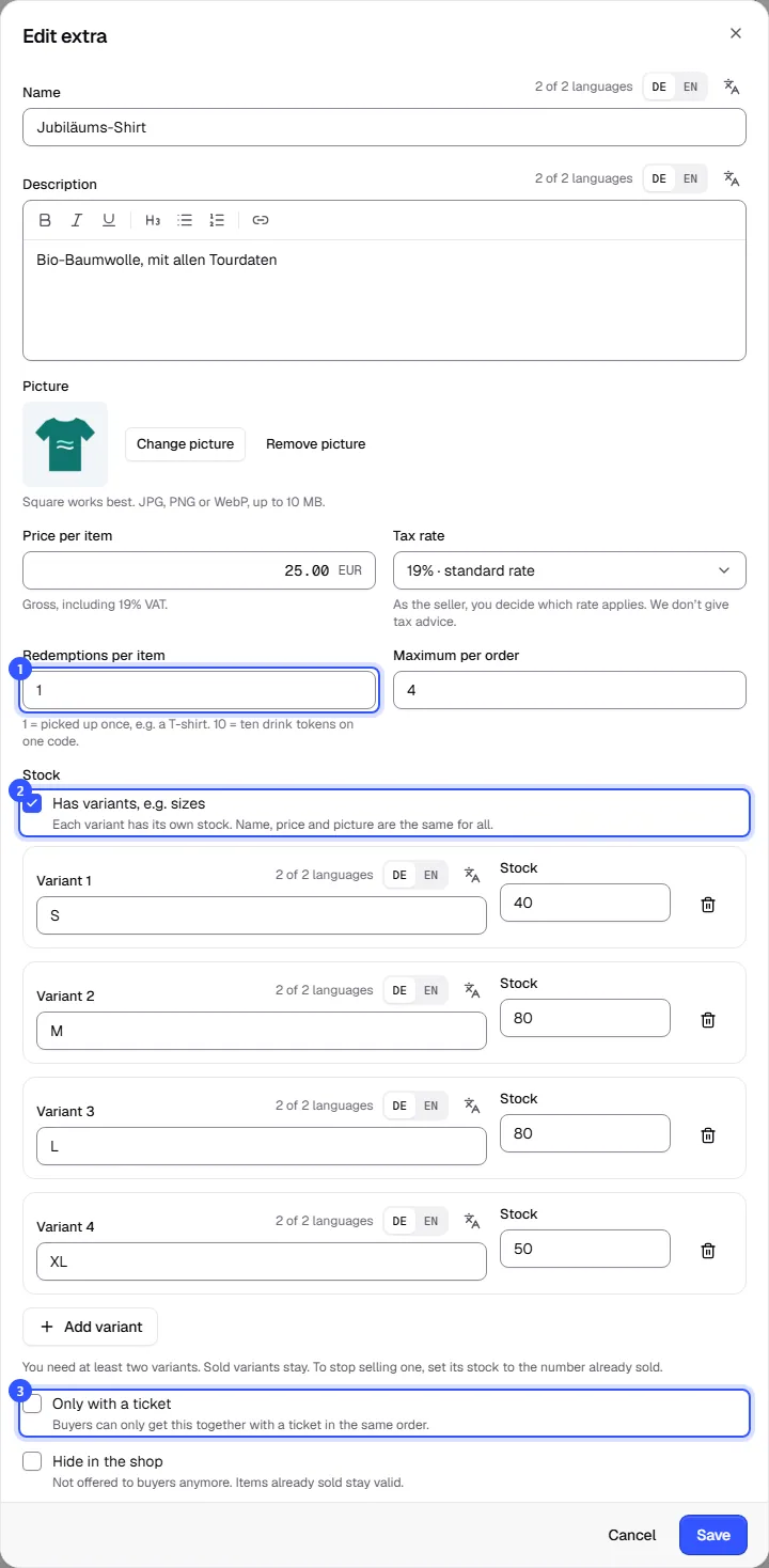 Edit extra dialog for a T-shirt with price, tax rate, redemptions per item, variants S to XL with stock and the Only with a ticket and Hide in the shop checkboxes