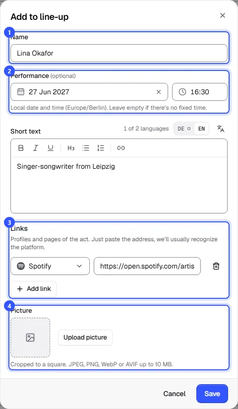 Add to line-up dialog with name, a performance on 27 June 2027 at 16:30, a short text, a recognised Spotify link and the picture field
