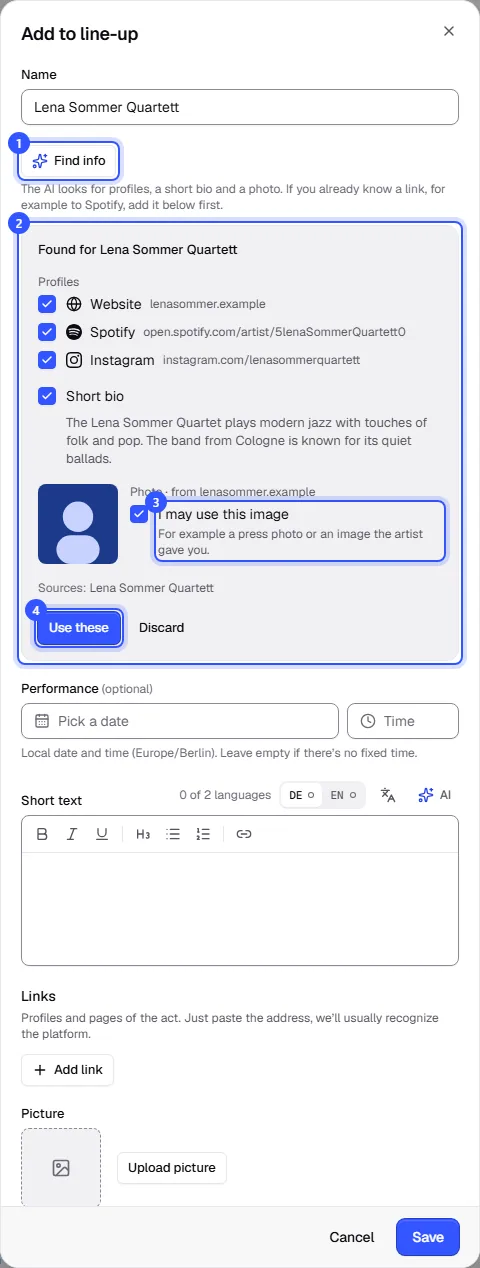 Add to line-up dialog with the Find info button and the result: three profiles, a short bio, a photo with the box I may use this image and the Use these button