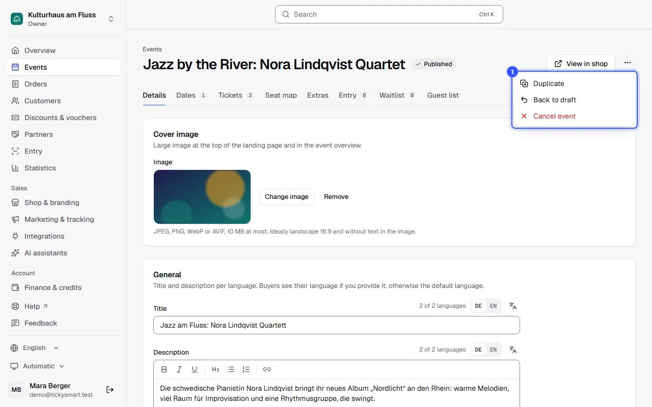 Published event with the tabs Details, Dates, Tickets and more, and the open menu with Duplicate, Back to draft and Cancel event