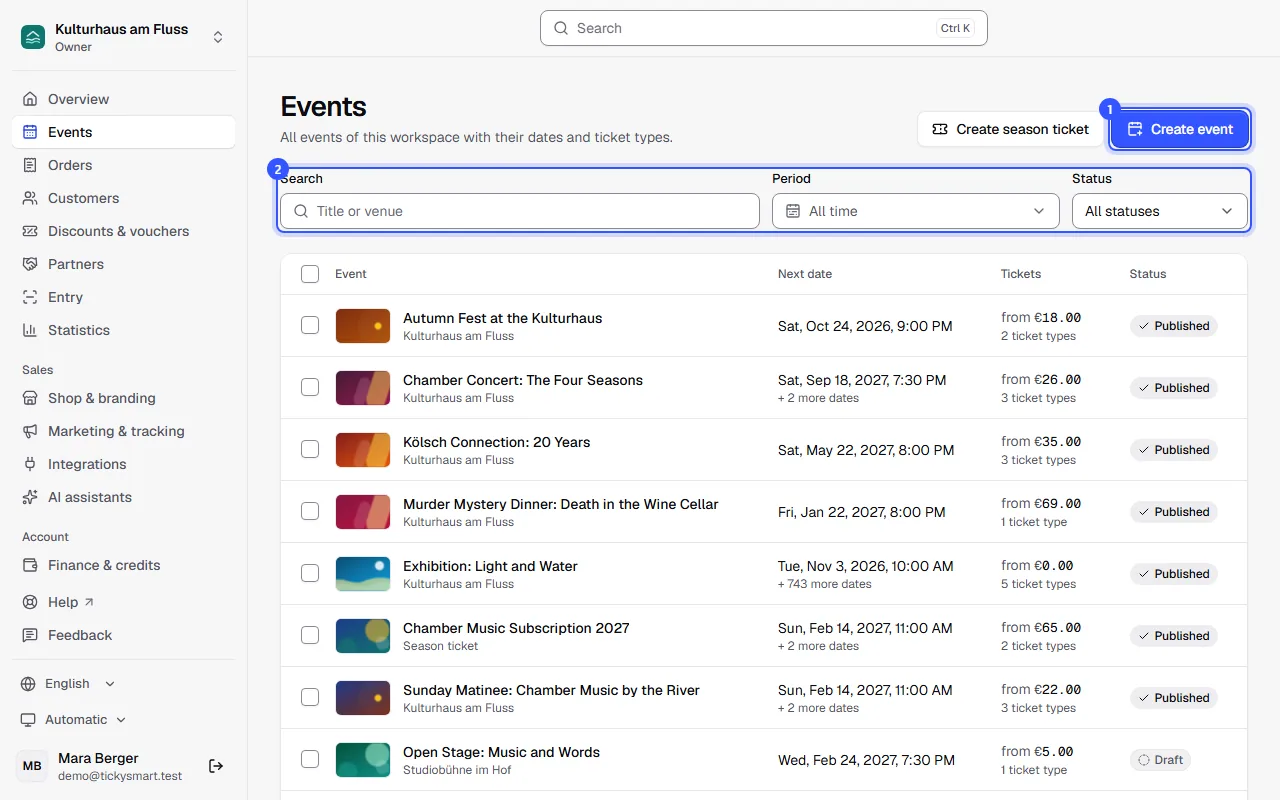 Event list with search, period and status above the table, below it events with cover image, next date, starting price and status