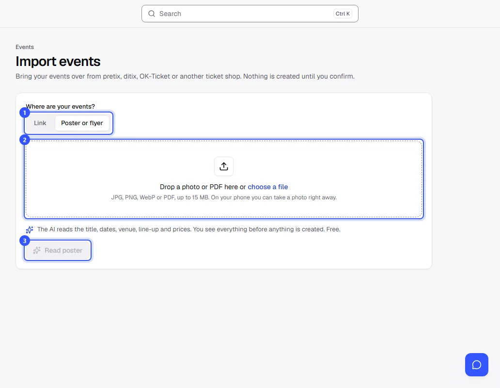 Import events page with the switch Link or Poster or flyer, the area for the file and the Read poster button