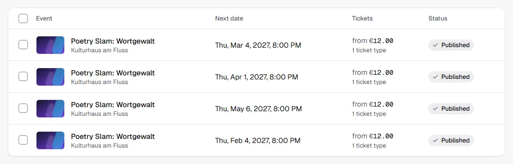 Event list filtered to Poetry Slam with four events of the same title on different Thursdays