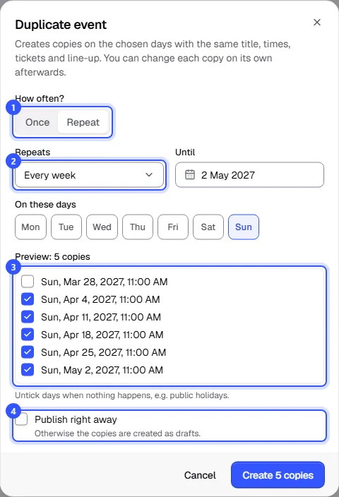 Dialog in Repeat mode with Every week until 2 May 2027 on Sundays and a preview of six Sundays, with Easter Sunday unticked