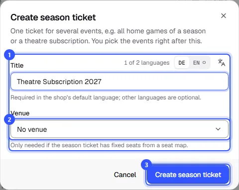 Create season ticket dialog with title, venue and the Create season ticket button