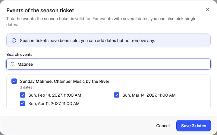 Events of the season ticket dialog with the search, the Sunday matinee and its three ticked dates