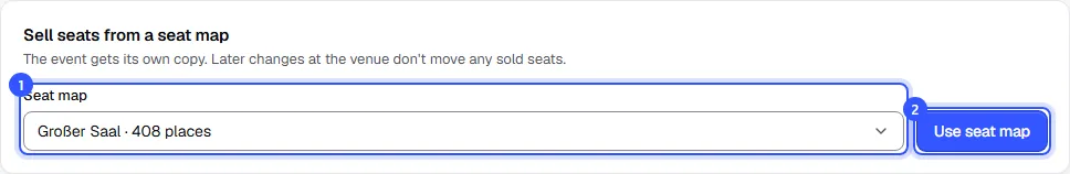 Seat map section of an event: Sell seats from a seat map, the Großer Saal plan selected and the Use seat map button