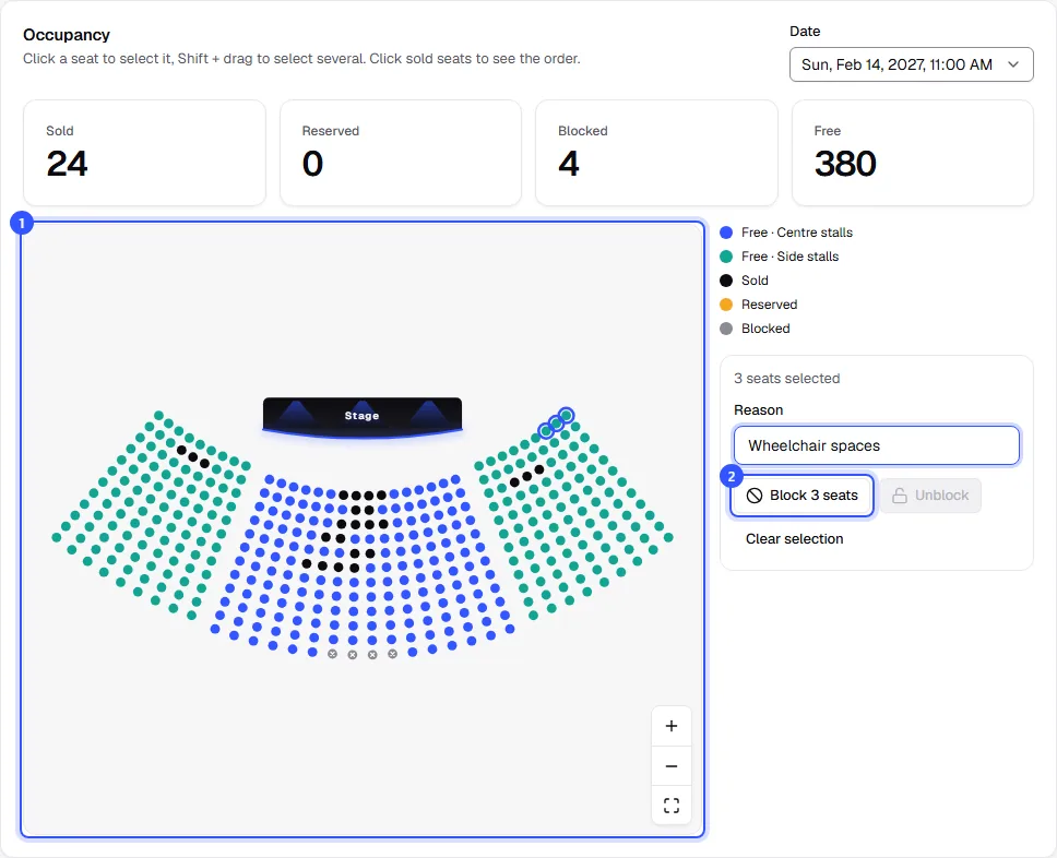 Occupancy of the matinee on 14 February with counts for sold, reserved, blocked and free, the plan with sold and blocked seats and three seats selected on the right for blocking