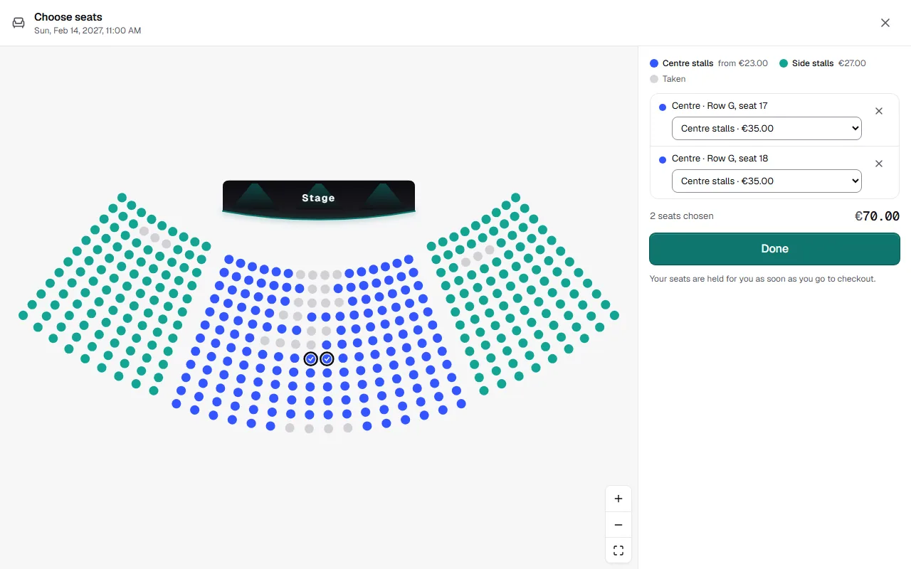 Seat map in the shop with categories and prices, taken seats in grey and two chosen seats in the centre