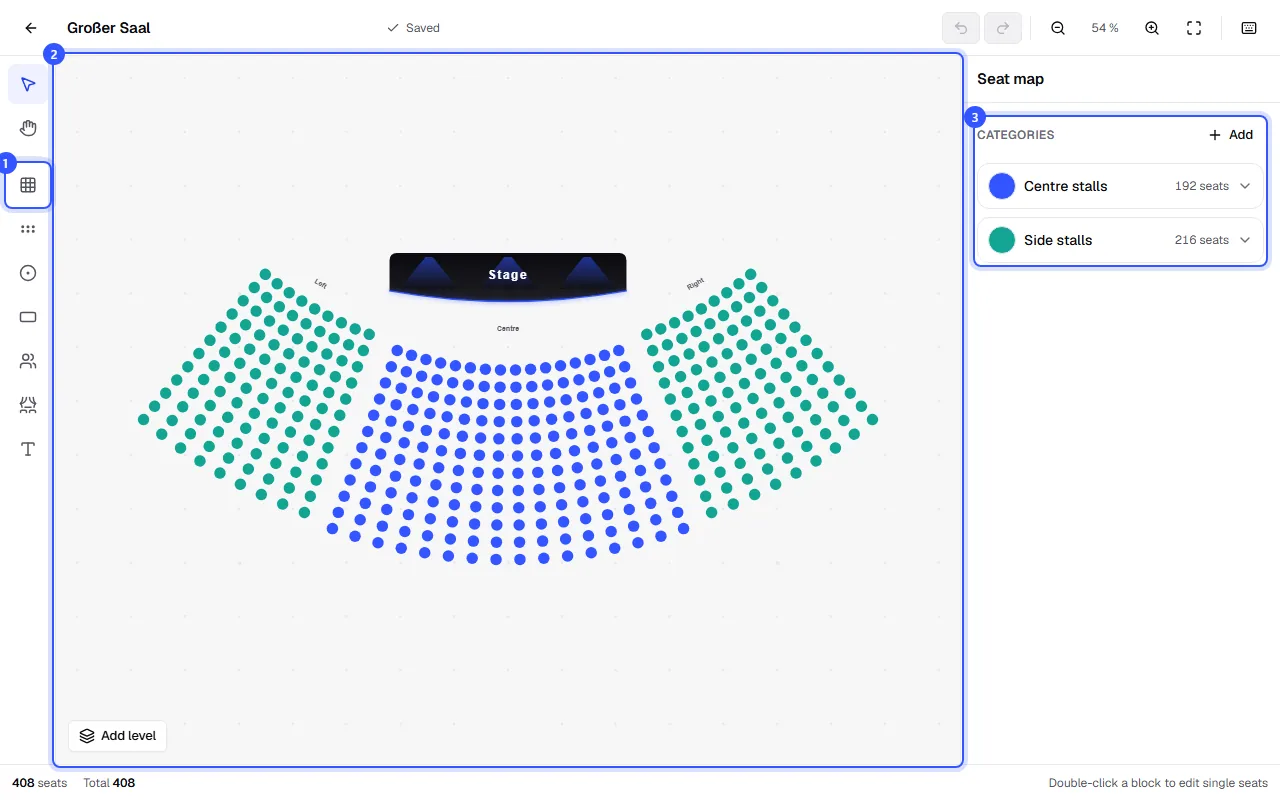 Seat map editor with tools on the left, the theatre plan with stage, centre block and two side blocks in the middle and the categories on the right