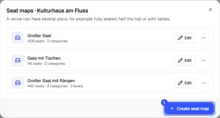 Seat maps of the Kulturhaus: Großer Saal with 408 places and two categories, Gala mit Tischen and Großer Saal mit Rängen with three levels, each with Edit, and the Create seat map button