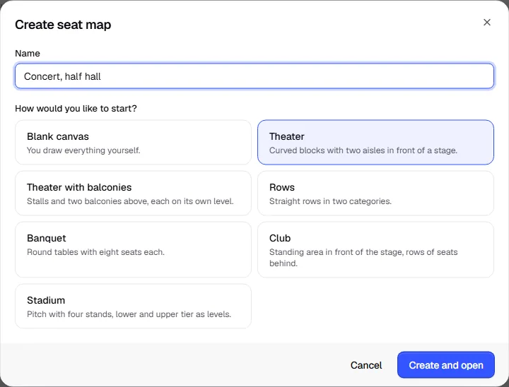 Create seat map dialog with a name and the templates Blank canvas, Theater, Theater with balconies, Rows, Banquet, Club and Stadium