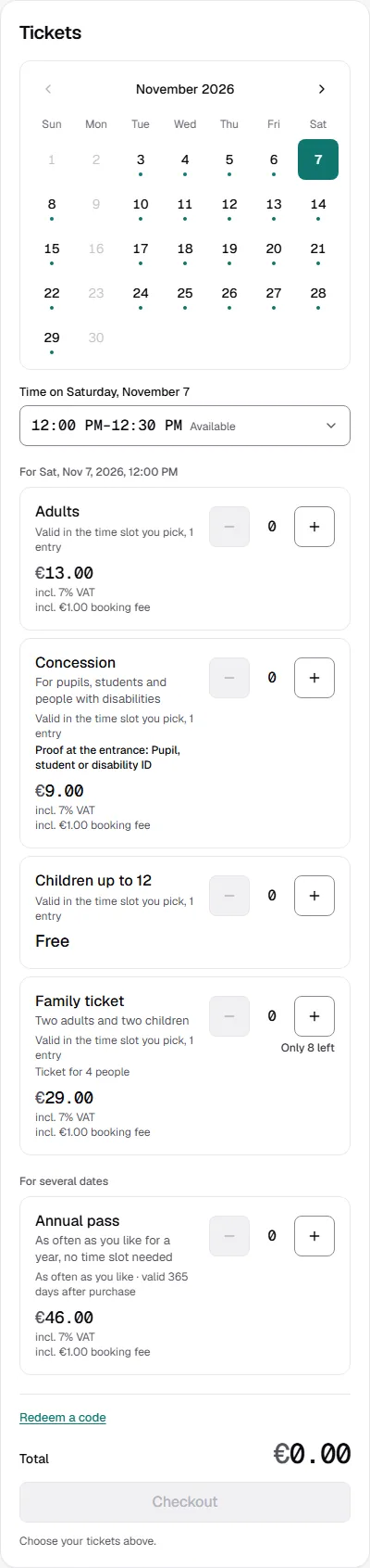 Ticket selection in the shop with a calendar, the chosen day, the time picker and the ticket types