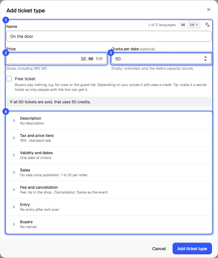 Add ticket type dialog with name, price, quota per date, free ticket and the collapsed sections from Description to Buyers