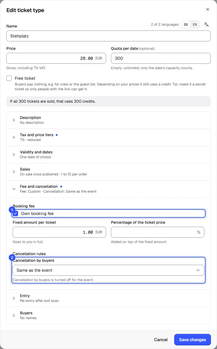 Fee and cancellation section with the Own booking fee checkbox, fixed amount and percentage, and the Cancellation by buyers selection