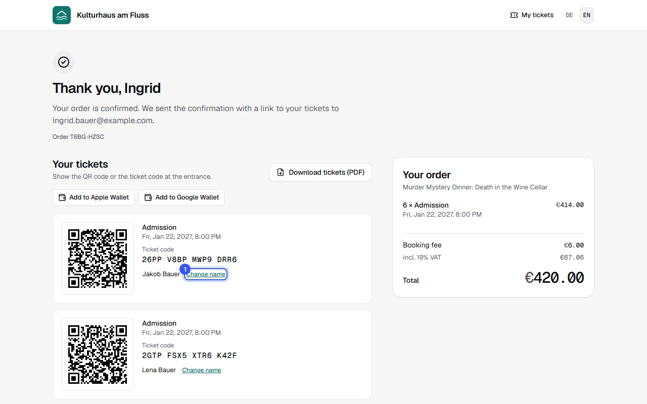 Order page in the shop with the tickets and the names on them, each with Change name next to it