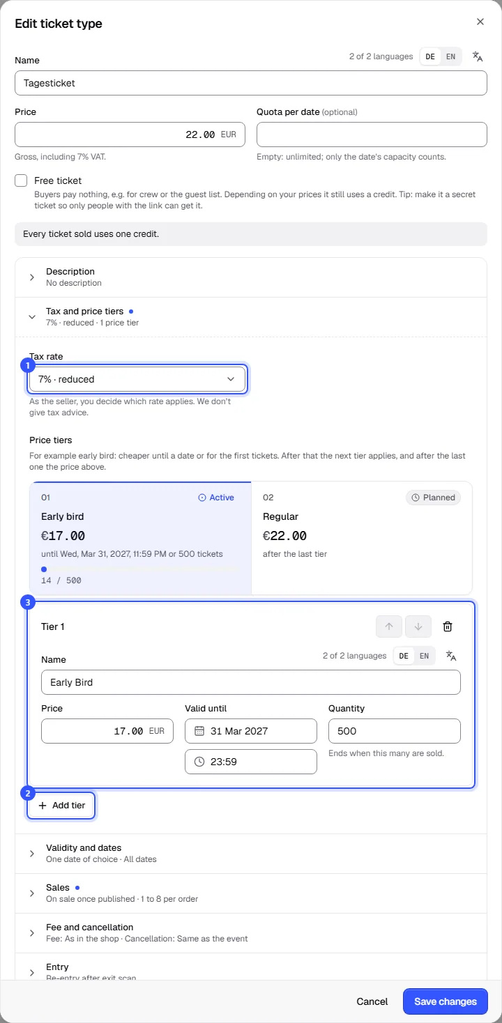 Day ticket with the Tax and price tiers section open: tax rate, overview of the early bird and regular tiers, and the tier form