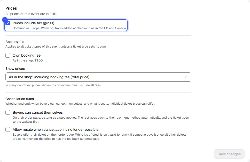 Prices card with the Prices include tax (gross) checkbox, below it the booking fee and how prices are shown