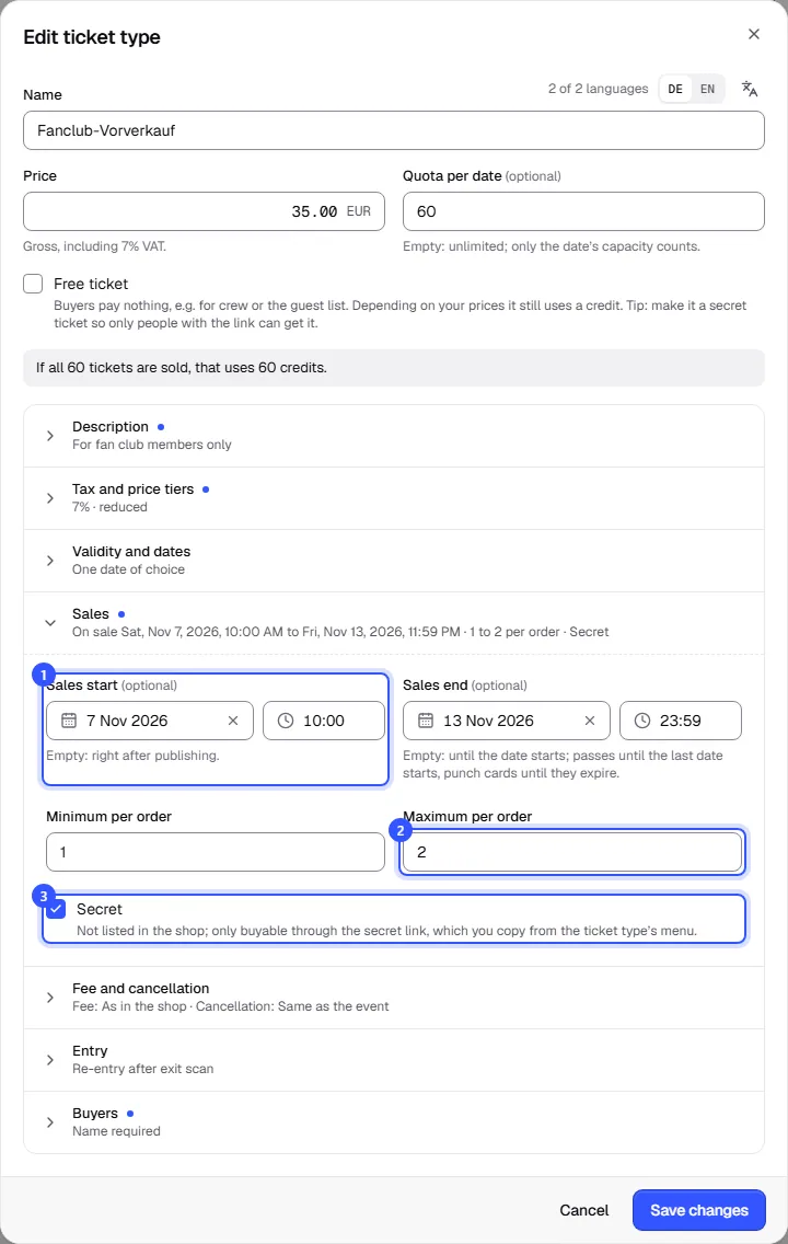 Sales section of a secret ticket type: sales start, sales end, minimum and maximum per order and the Secret checkbox