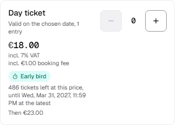 Ticket selection in the shop with the day ticket at the early bird price, below it how many tickets are left at this price and the price after that